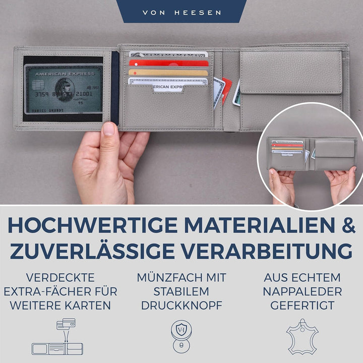 VON HEESEN Leder Geldbörse Herren mit RFID Schutz I Echtleder Geldbeutel für Männer I Münzbörse Port