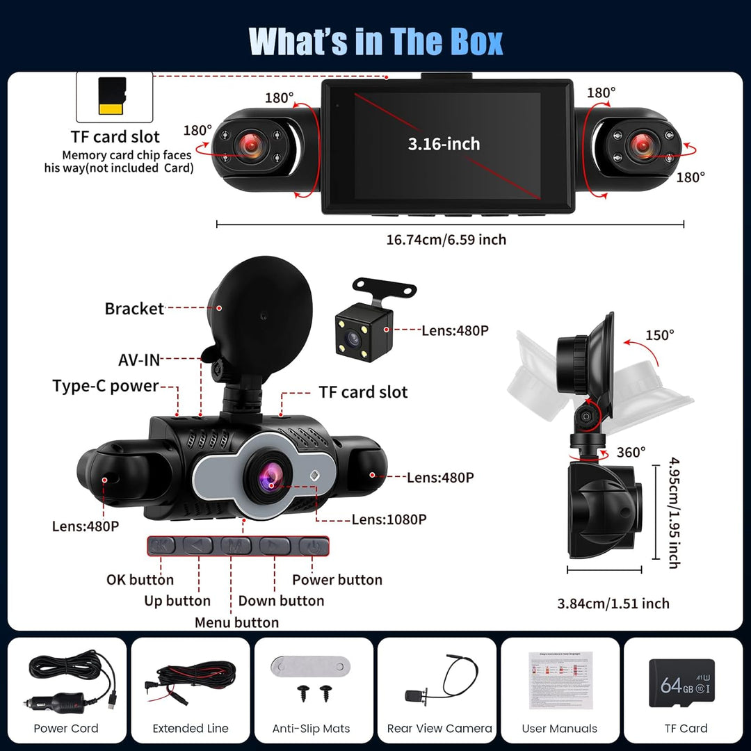 4 Kanal Dashcam Auto, 360 Grad Dash Cam FHD 1080P Vorne Hinten Innen Links und Rechts, Autocamera mi