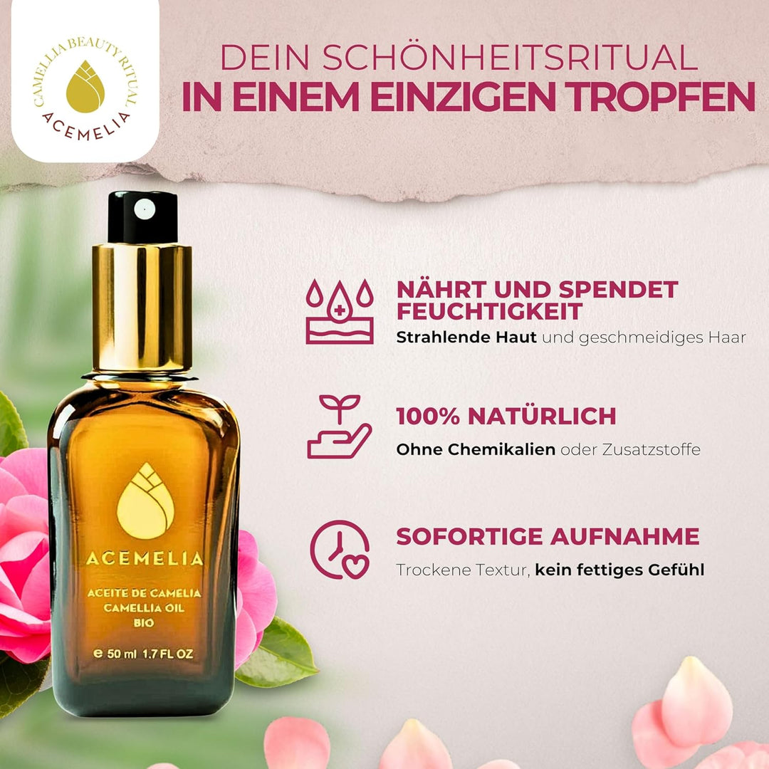 Bio-Kamelienöl 100% naturrein | Feuchtigkeitsspendend und nährend für Gesicht, Haare und Körper | So