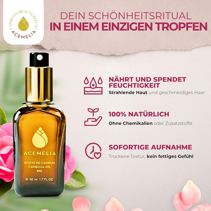 Bio-Kamelienöl 100% naturrein | Feuchtigkeitsspendend und nährend für Gesicht, Haare und Körper | So
