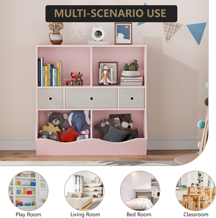 Kinderregal, Spielzeugregal, Bücherregal Kinder, 3-Stufig | Aufbewahrung mit Stoffboxen,Kinderzimmer