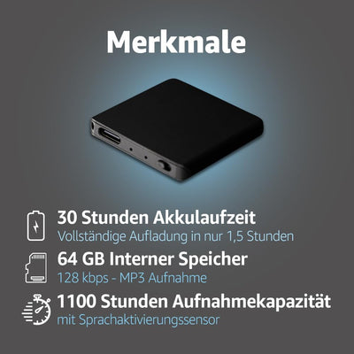 Einzigartiges Aufnahmegerät - 145 Stunden - Nur 5 mm Dünn - Stimmenaktivierung Diktiergerät - 24 Stu