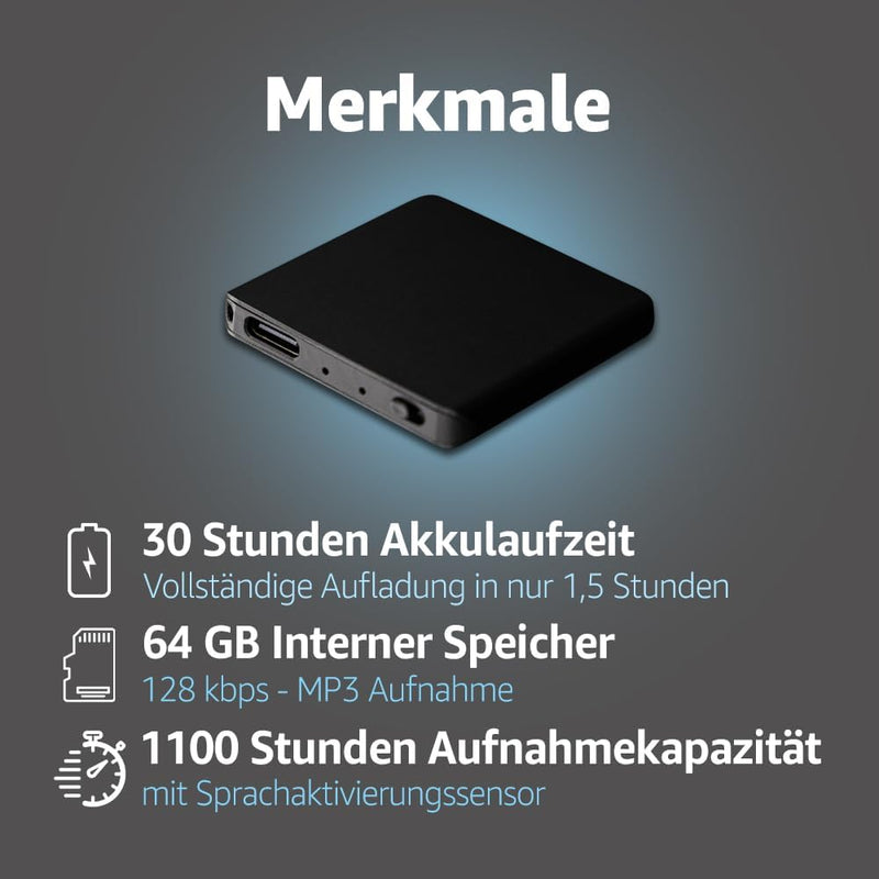 Einzigartiges Aufnahmegerät - 145 Stunden - Nur 5 mm Dünn - Stimmenaktivierung Diktiergerät - 24 Stu