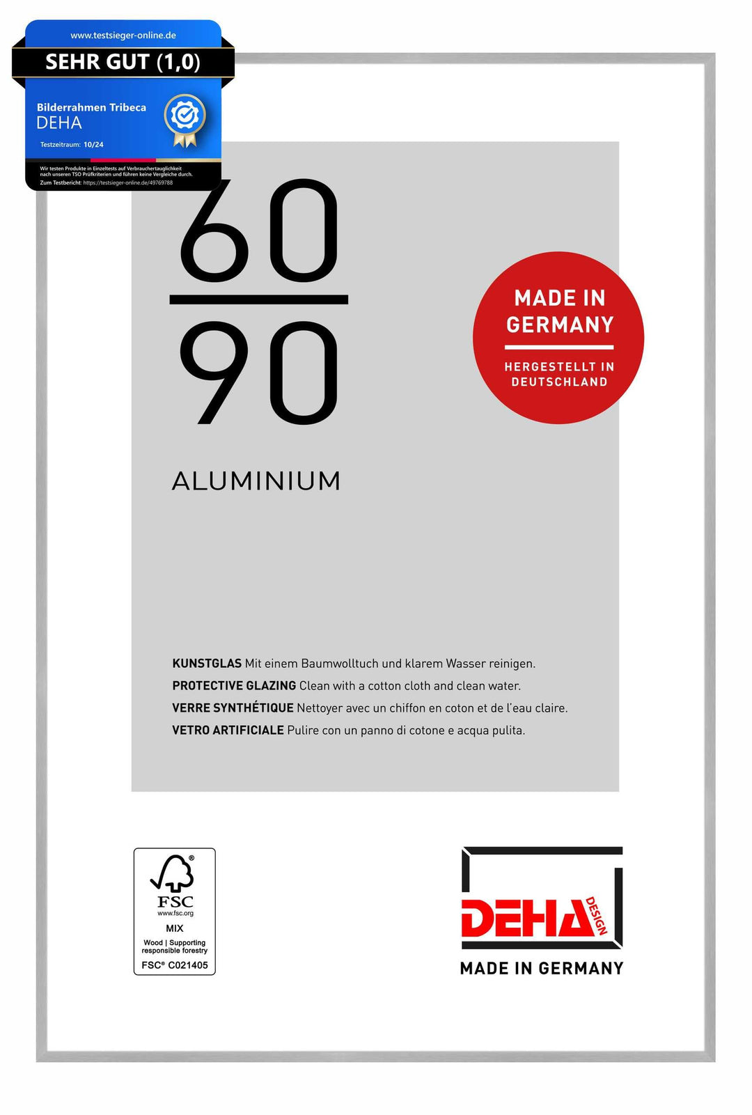 DEHA Design Bilderrahmen Tribeca, 60x90 cm, Aluminium Silber Matt, bruchsicheres Acrylglas, für Post