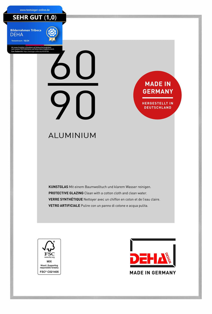 DEHA Design Bilderrahmen Tribeca, 60x90 cm, Aluminium Silber Matt, bruchsicheres Acrylglas, für Post