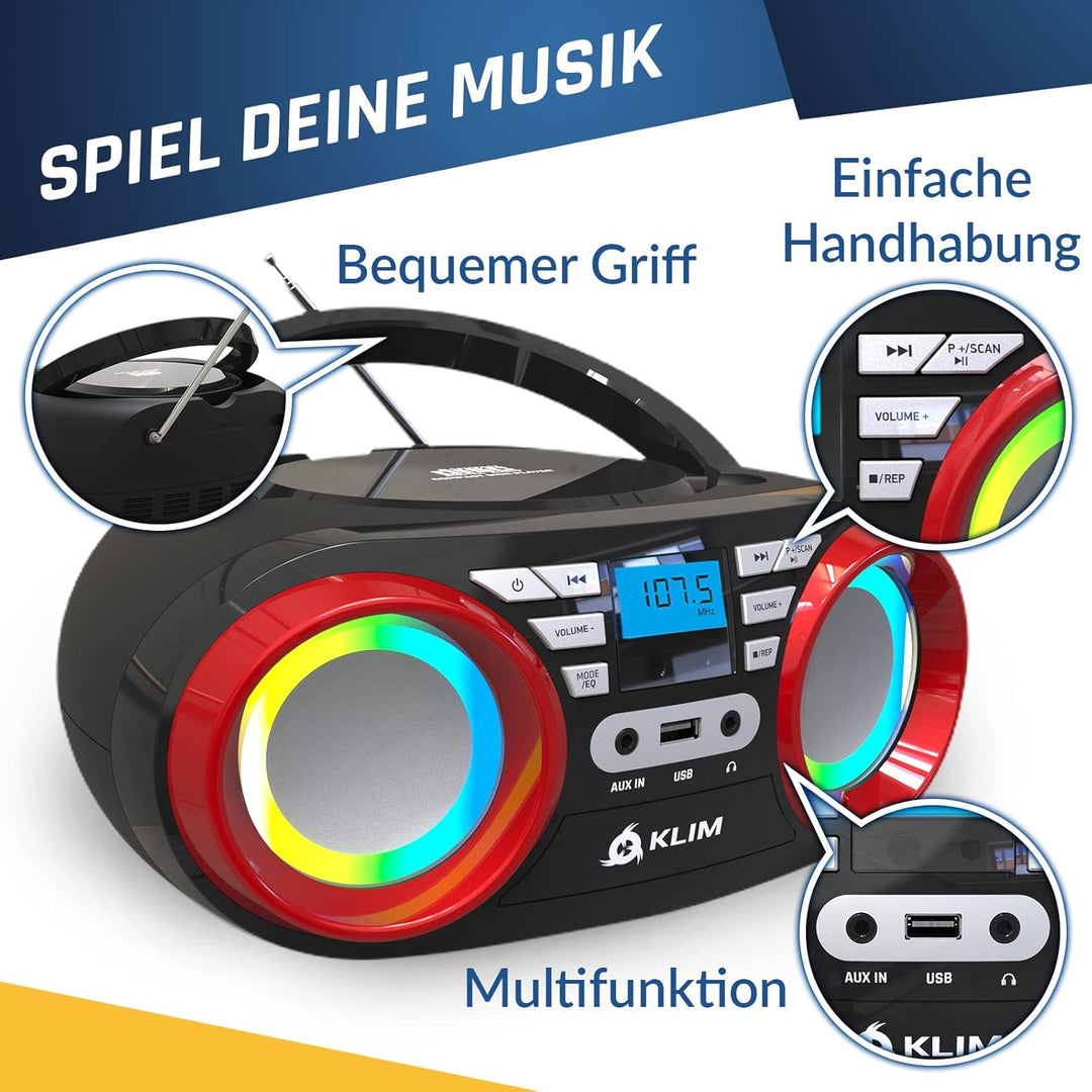 KLIM B3 Tragbarer CD Player - NEU 2024 - FM Radio, CD, MP3, Bluetooth, AUX, USB, RGB LED - CD Boombo