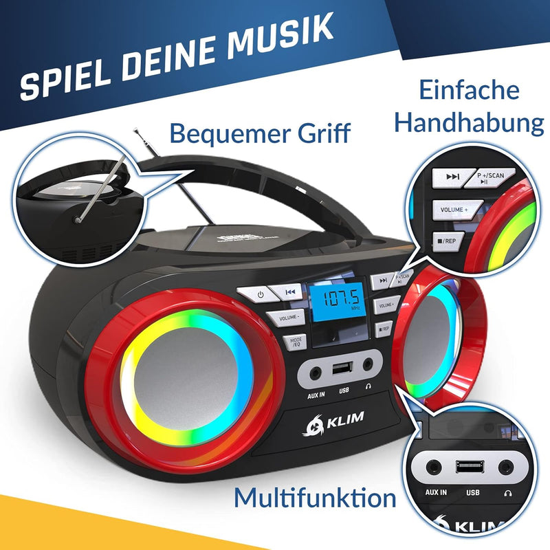 KLIM B3 Tragbarer CD Player - NEU 2024 - FM Radio, CD, MP3, Bluetooth, AUX, USB, RGB LED - CD Boombo