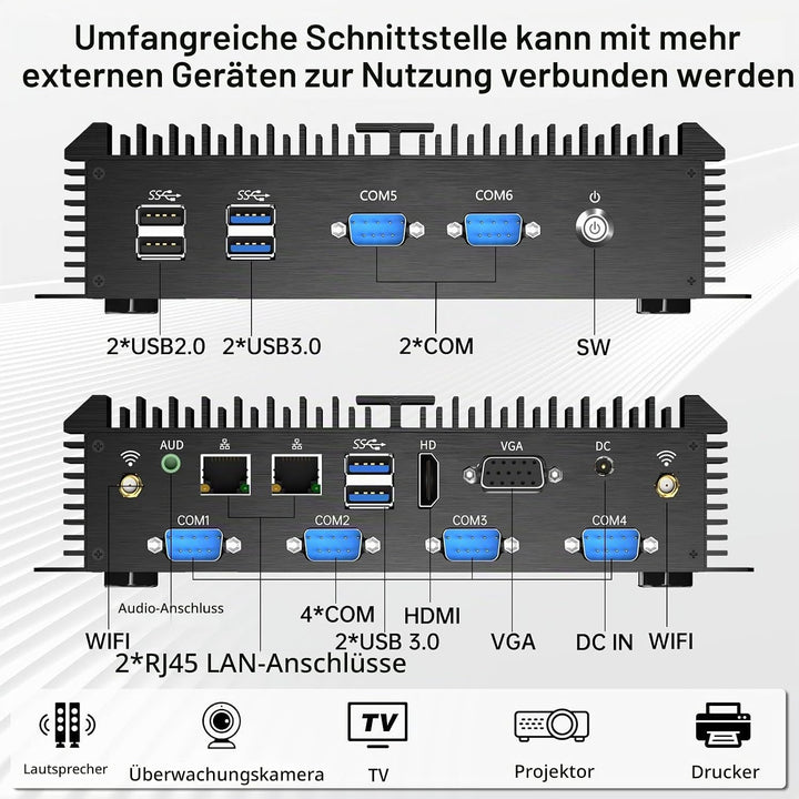 Industrie Mini PC, Desktop Lüfterloser Computer Core i7-5500U 2.4-3.0GHz, Windows 10 Pro, 16G RAM, 5