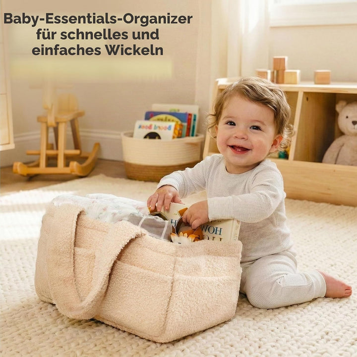 PUTSKA Fleece Nappy Caddy Organiser – Soft Teddy Fabric Baby Caddy with Handles, Portable Nursery St
