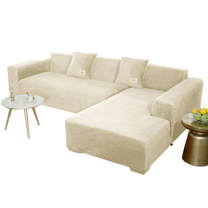 Stretch Samt Sofabezug L Form-Beige-3 Sitzer+3 Sitzer | Weich Bequem Anti-rutsch überzug ecksofa Was