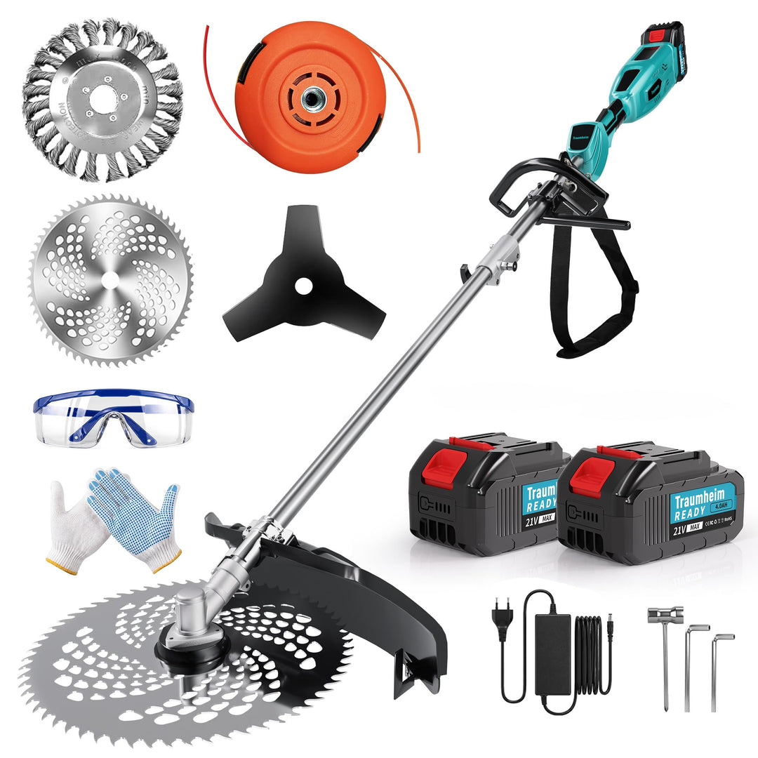 Akku Rasentrimmer mit 2 x 4.0Ah Batterien, 4-in-1 Elektrischer Akku Motorsense &amp; Rasentrimmer Rasen,