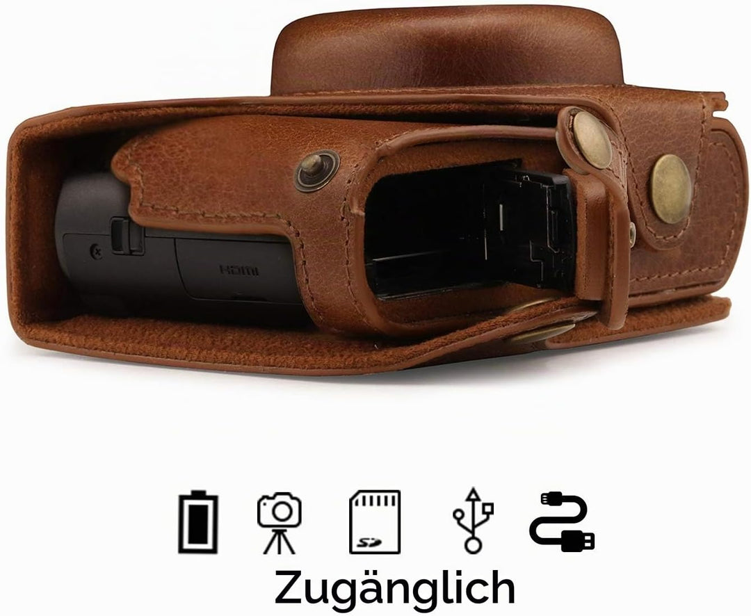 MegaGear Panasonic Lumix DC-TZ100, TZ200 Ever Ready Echtleder Kamera-Case mit Trageriemen - Braun MG