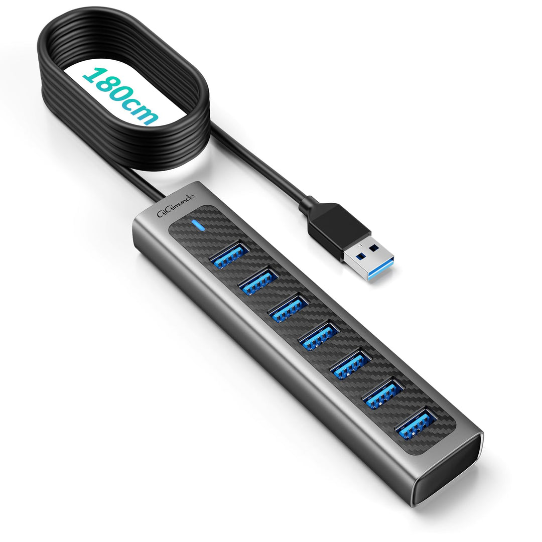GiGimundo GM7U 7 Port USB HUB 3.0 Aluminium, 1.8M Lang Kabel mit 5V/3A Type-C Stromeingangsanschluss