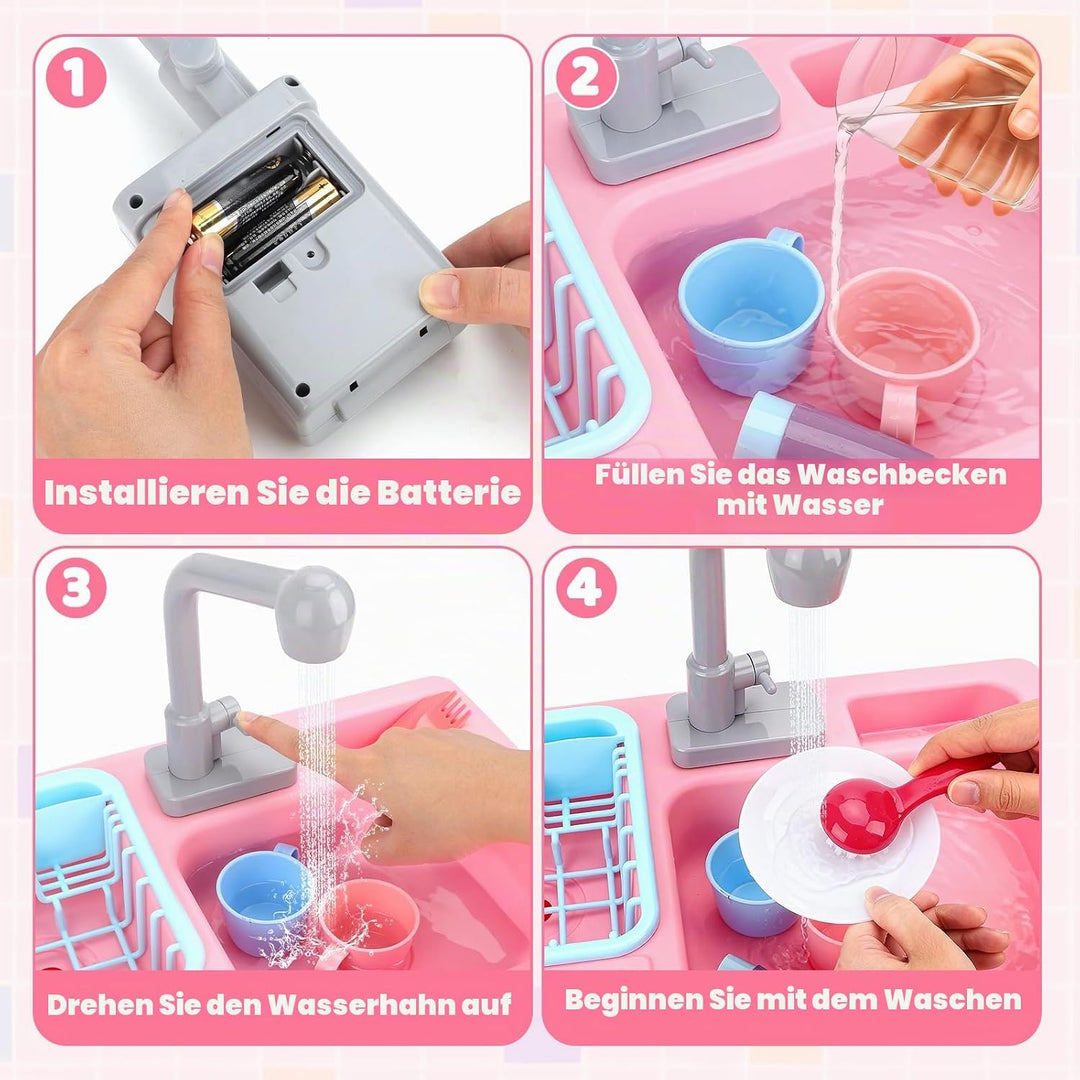 deAO Kinderspielset Pretend Kitchen Sink mit simuliertem Wasserhahn und enthaltenem Küchenzubehör -