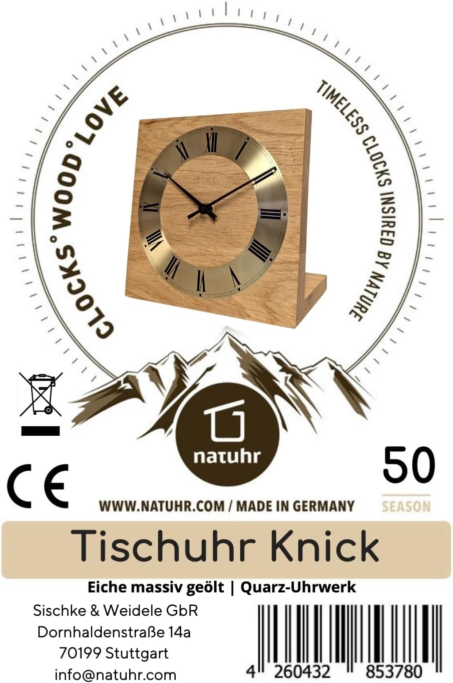 Natuhr Tischuhr Eiche Buche Holz - Knick - Massivholz Design 17,5 x 17,5 cm (geräuscharmes Quarz-Uhr
