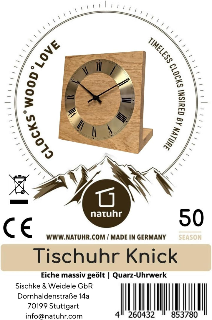 Natuhr Tischuhr Eiche Buche Holz - Knick - Massivholz Design 17,5 x 17,5 cm (geräuscharmes Quarz-Uhr