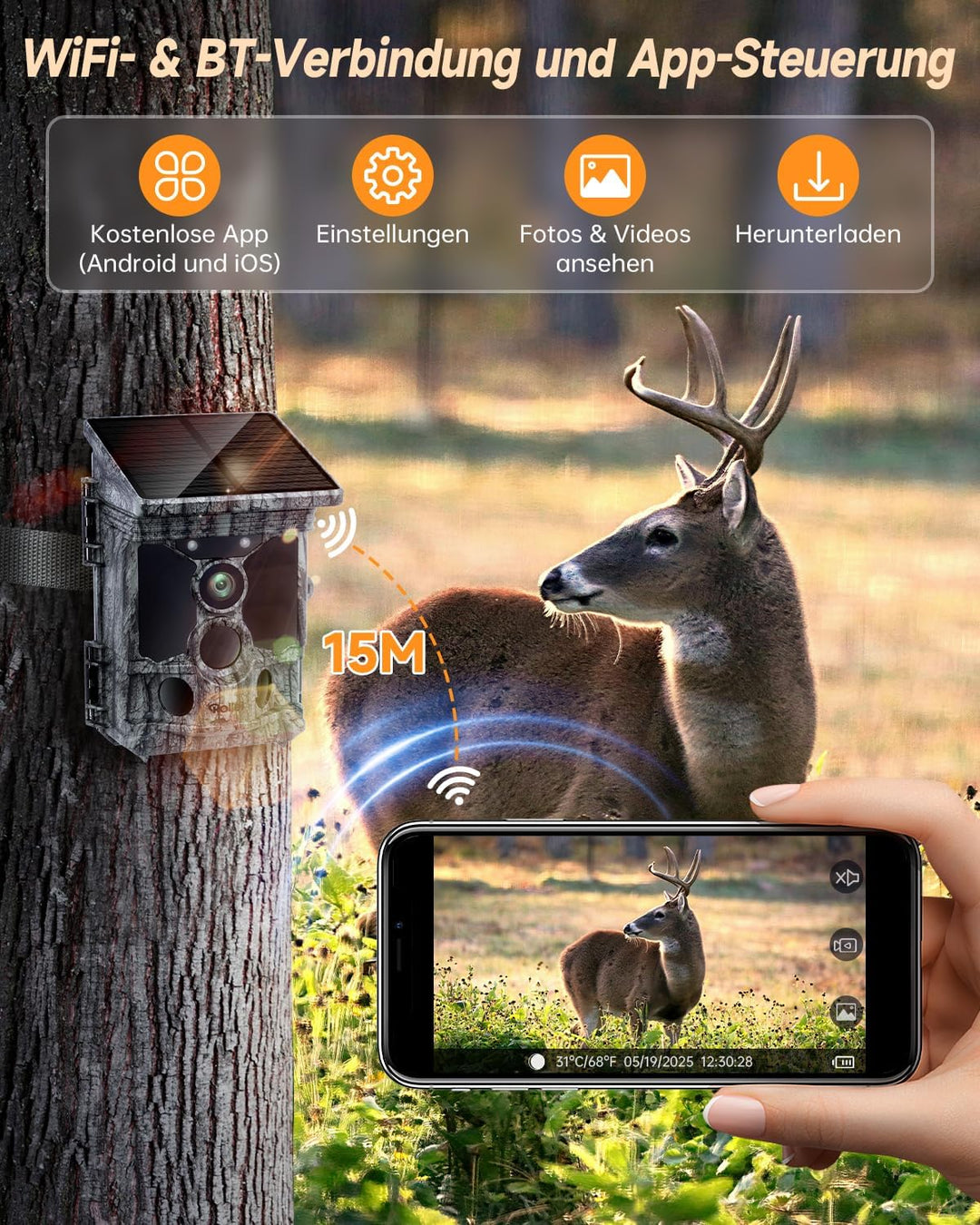 Rollei Wildkamera 4K WiFi Solar, 48MP 4K Wildtierkamera mit Handyübertragung App & Bewegungsmelder N