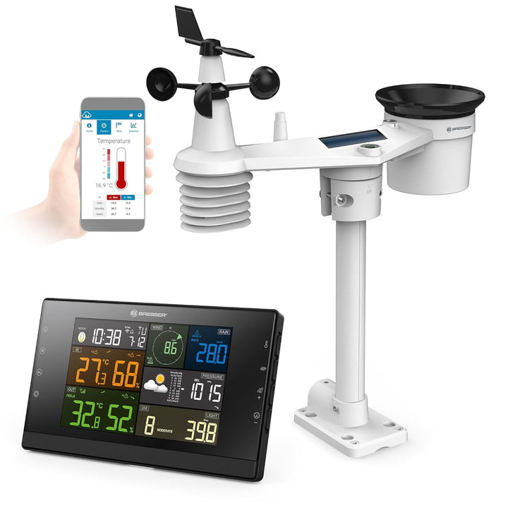 Bresser Wetterstation Funk mit Aussensensor - WLAN-Wettercenter Profi-WSC mit 7-in-1-Sensor inkl. ba
