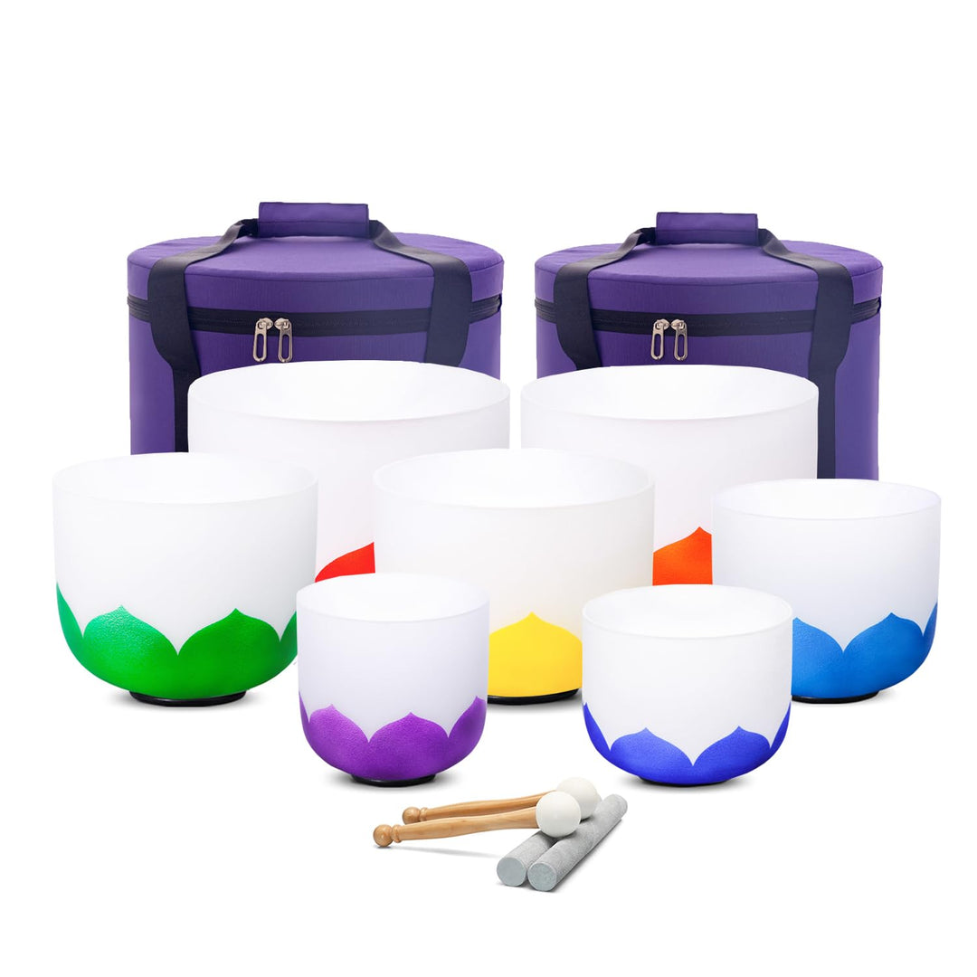 Hye-eun Kristall Klangschale Set,7-12 Zoll 432hz Lotusblumen Klangschalen Set 7 Chakren für Meditati