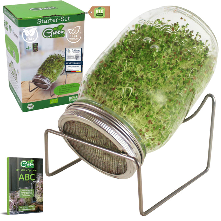 Green SEEDS Sprossenglas Keimglas 1er Set 1000ml mit hochwertigem Edelstahl-Gitterdeckel, Ständer +