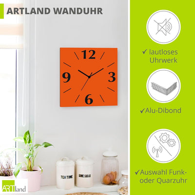 ARTLAND Wanduhr ohne Tickgeräusche Alu Quarzuhr 30x30 cm Quadratisch Lautlos 4 Ziffern Farbig Schlic