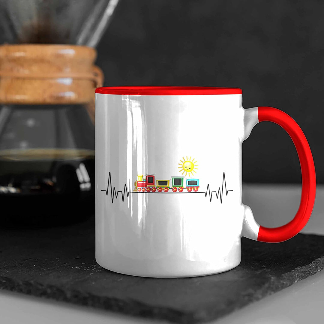 Trendation - Zug Züge Herzschlag Tasse Geschenk für Eisenbahner Zugführer Hobby Geschenkidee (Rot),