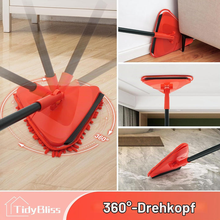 TidyBliss Bodenwischer Wandmop mit 202 cm Langem Stiel, 360°Drehbarer Dreieck Wischmopp mit Klappbar