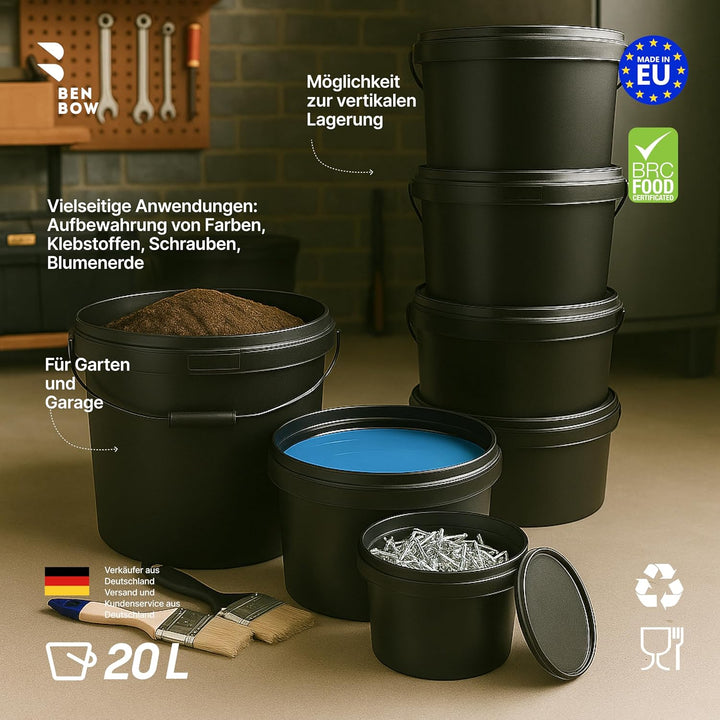 BenBow Eimer mit Deckel 20l Schwarz 50x 20 Liter - lebensmittelecht, stabil, luftdicht, auslaufsiche