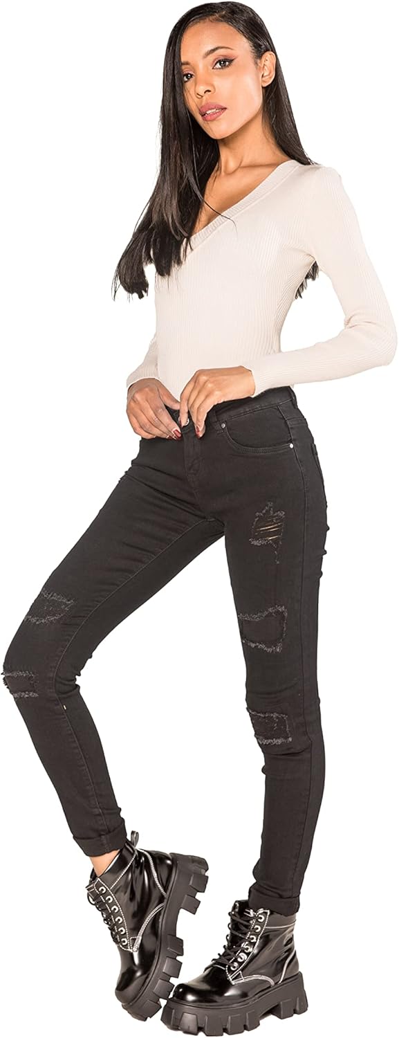 Nina Carter P100 Damen Skinny Fit Low Waist Jeanshosen mit Destroyed-Effekten Used-Look Jeans Waschu