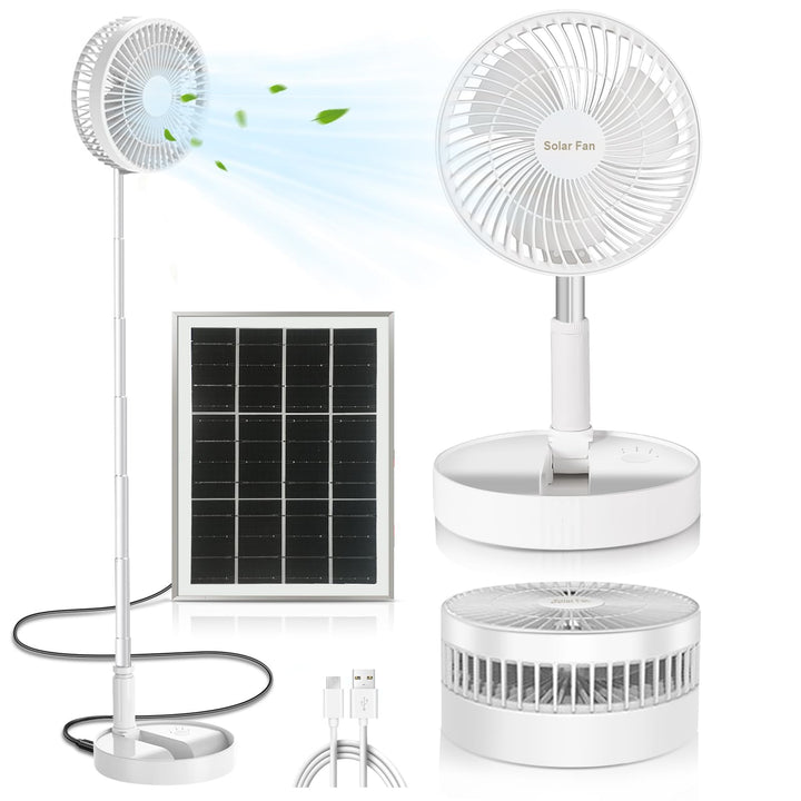 AKOFIC Tragbarer Standventilator Leise, 8" Akku & Solarbetriebener Ventilator, Faltbarer USB Tischve