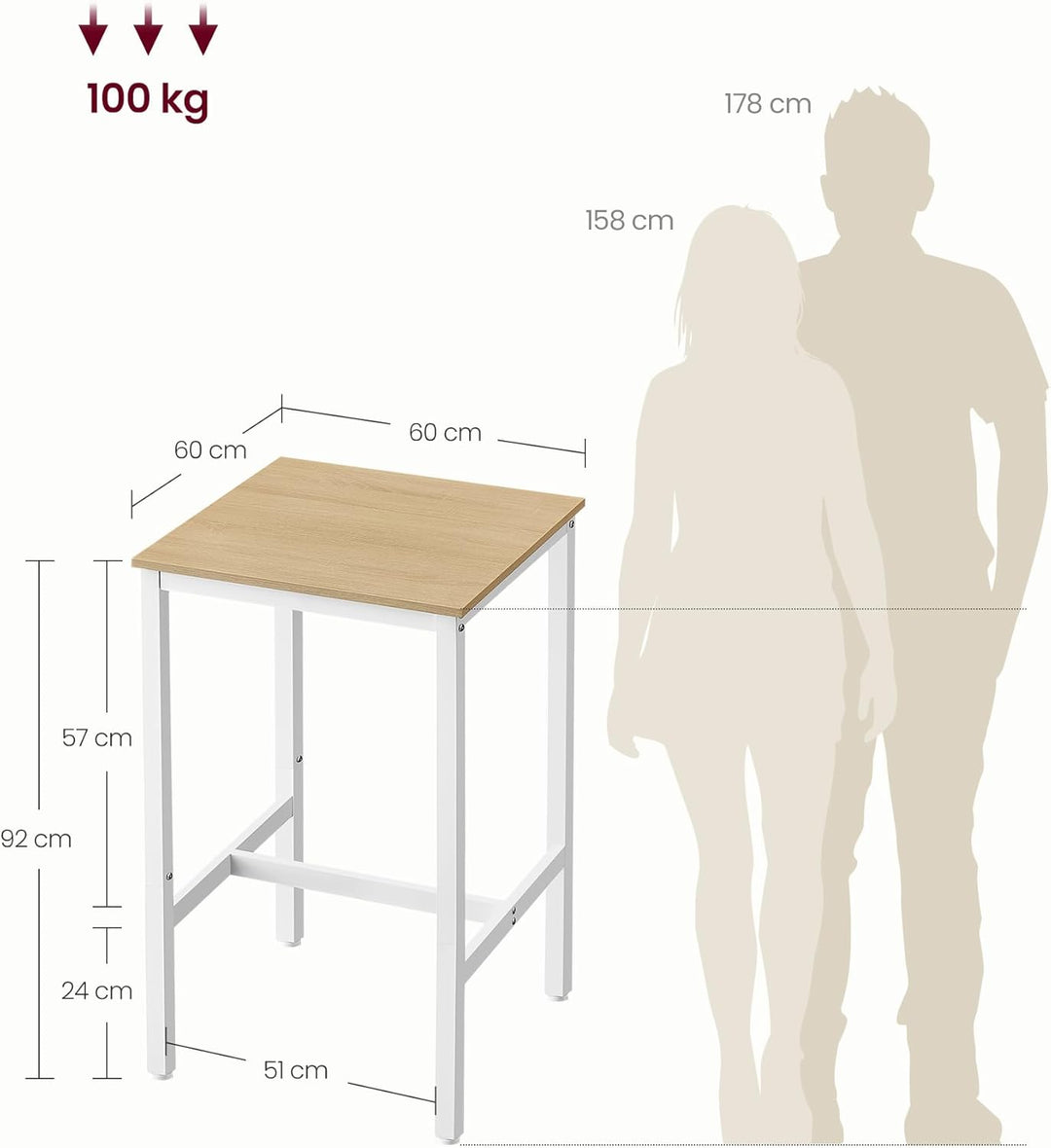 VASAGLE Bartisch, Stehtisch, Küchentisch, hoch, mit Stahlgestell, 60 x 60 x 92 cm, einfache Montage,