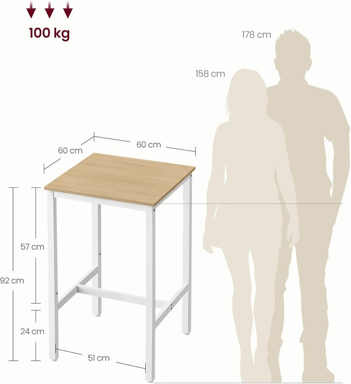 VASAGLE Bartisch, Stehtisch, Küchentisch, hoch, mit Stahlgestell, 60 x 60 x 92 cm, einfache Montage,