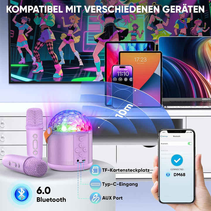 Karaoke Anlage mit 2 Bluetooth Mikrofonen, Musik Weihnachts Geschenke Spielzeug Mädchen 3-15 Jahre,