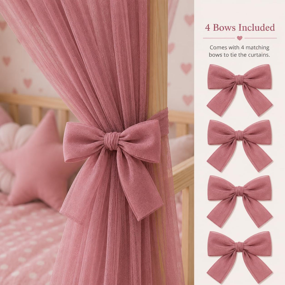 Baby Fancyroom Betthimmel für Hausbett, Bettvorhang aus Tüll, Beige, 2er Set mit Schleifen und Pompo