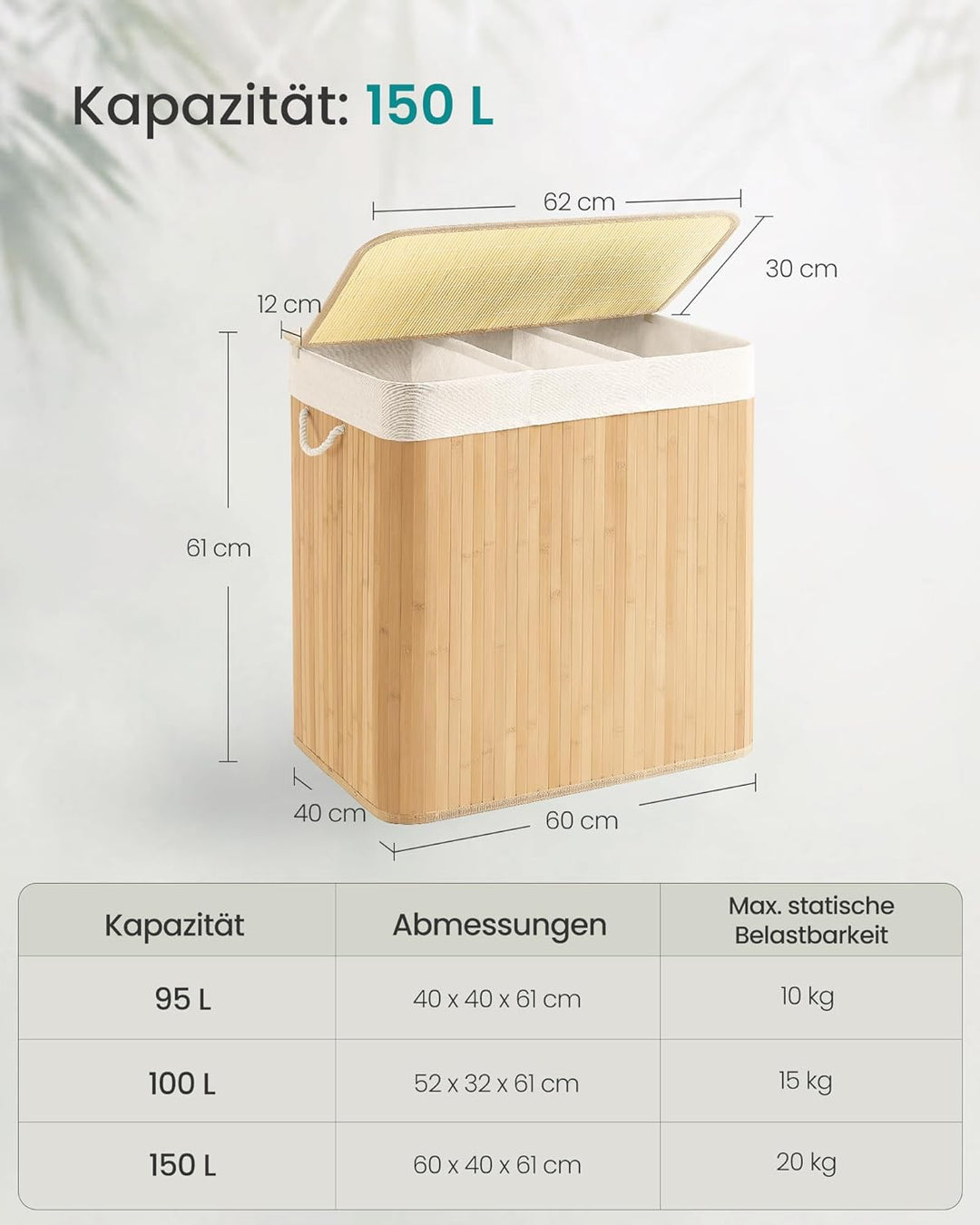 SONGMICS Wäschekorb 3 Fächer, 150 L Wäschesammler mit Deckel, Wäschebox Bambus, mit Griffen, faltbar