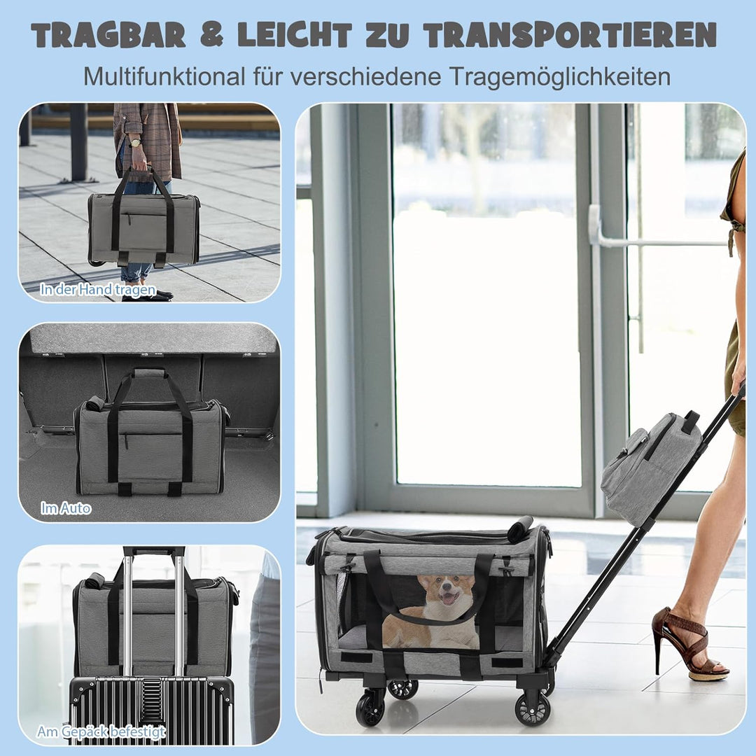 SORAS Transportbox Katze 57 x 34 x 34 cm, Flatbare Transporttasche für Hund mit Rädern, Teleskopgrif