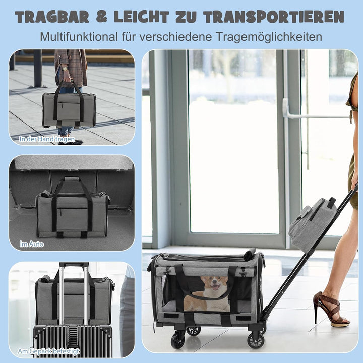 SORAS Transportbox Katze 57 x 34 x 34 cm, Flatbare Transporttasche für Hund mit Rädern, Teleskopgrif