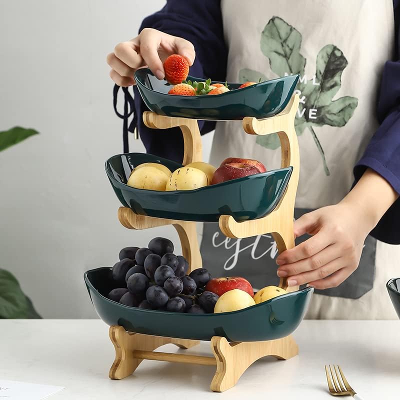 YYW 3-stöckige Keramik-Obstschale, Porzellan-Obstkorb, Obstständer, Aufbewahrungshalter mit Bambusho