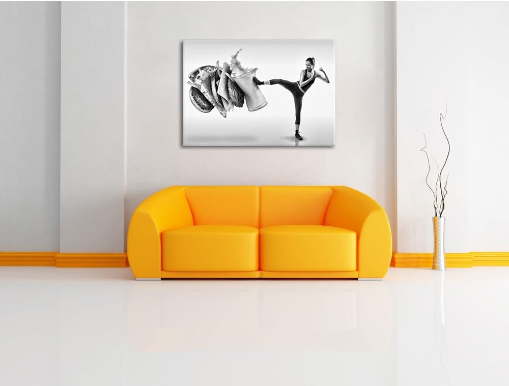 Pixxprint Starke Frau kickt gegen Fastfood / 100x70cm Leinwandbild bespannt auf Holzrahmen/Wandbild