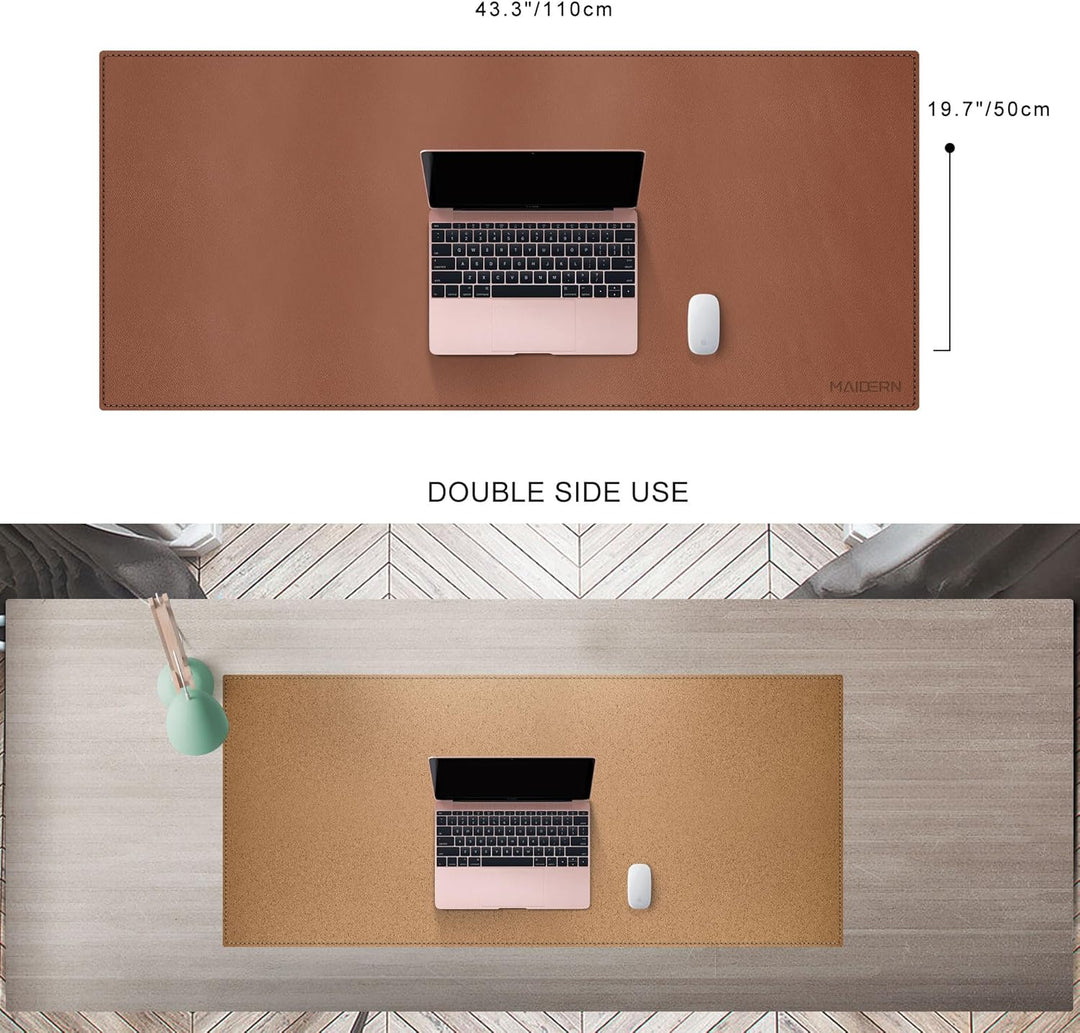 MAIDERN Schreibtischunterlage Leder & Kork,110x50cm Zweiseitig Tischunterlage,extra grosse Mauspad,w
