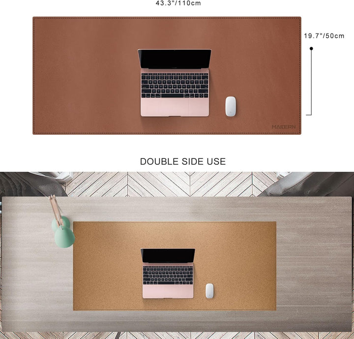 MAIDERN Schreibtischunterlage Leder & Kork,110x50cm Zweiseitig Tischunterlage,extra grosse Mauspad,w