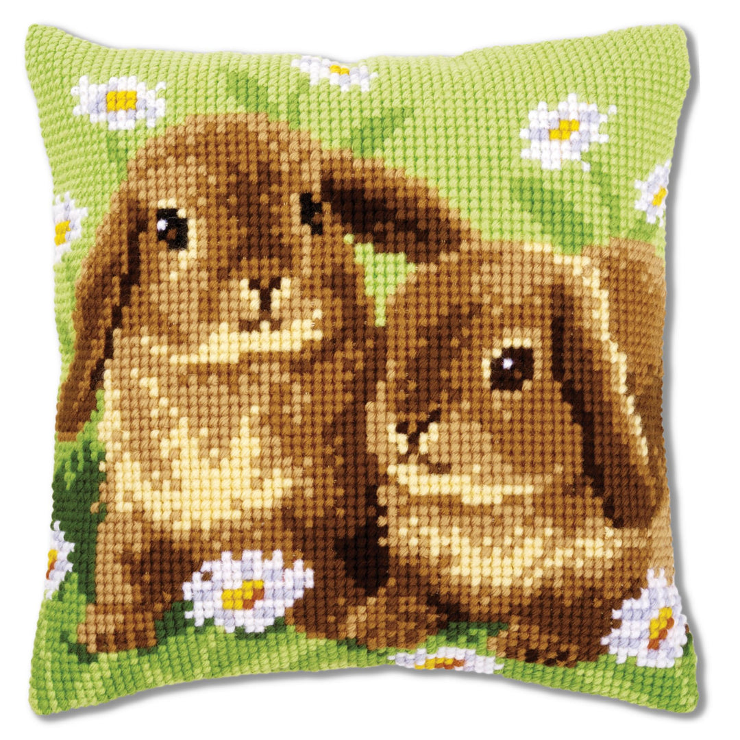 Vervaco Kreuzstichkissen 2 Kaninchen Kreuzstickpackung vorgedruckt, Stramin, weiss, 40 x 40 x 0,3 cm
