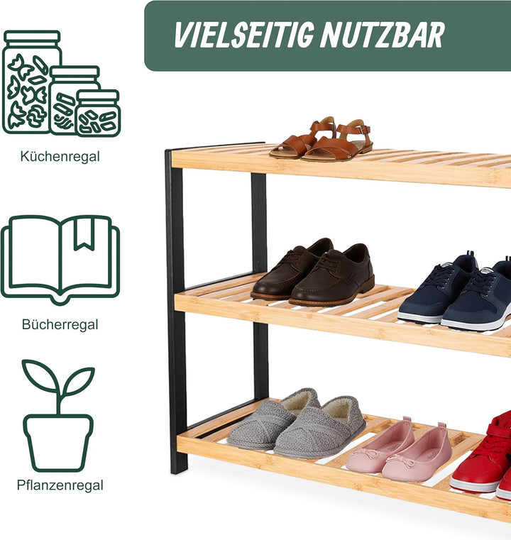 Relaxdays Schuhregal, HxBxT: 55 x 70 x 26 cm, Bambus, 3 Ebenen, 9 Paar Schuhe, Schuhständer Gitterab