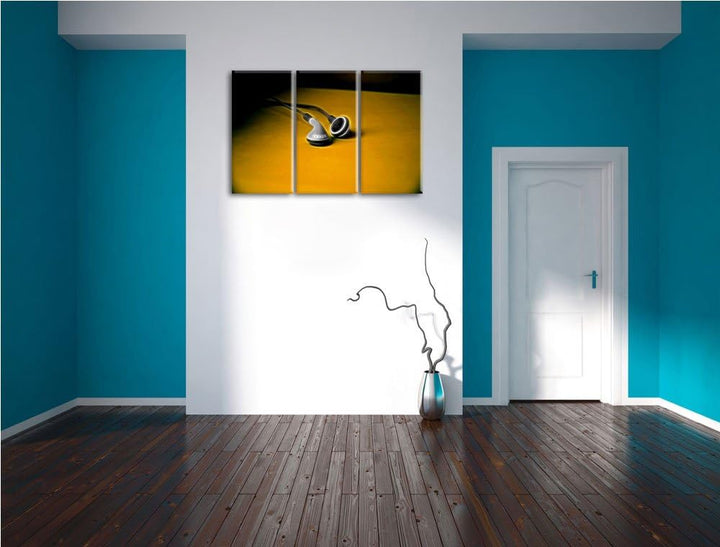 Dark klassische kleine Kopfhörer schwarz/weiss Deluxe 3-Teiler Leinwandbild 120x80 Bild auf Leinwand