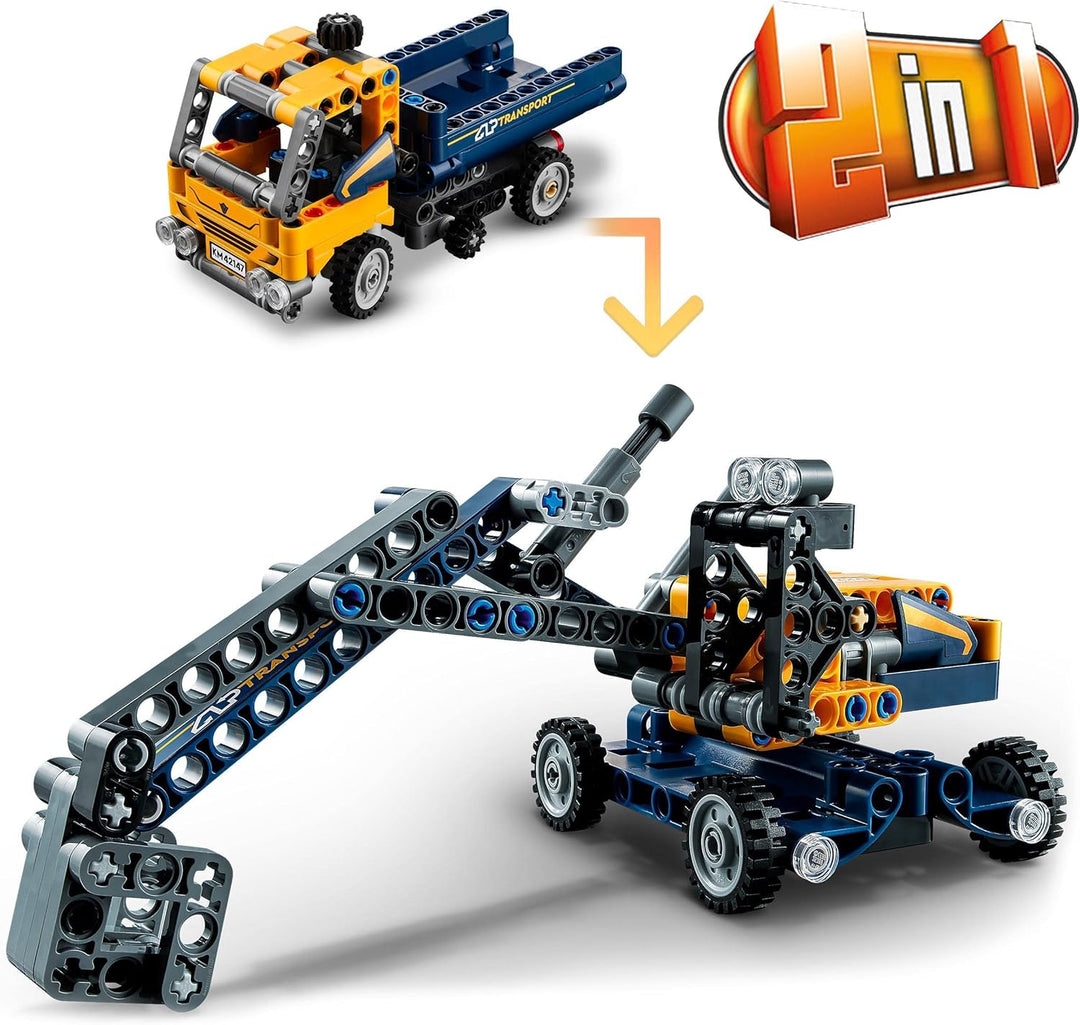 LEGO 42147 Technic Kipplaster Spielzeug, 2in1-Set mit Konstruktions-Modell und Bagger-Spielzeug, tec