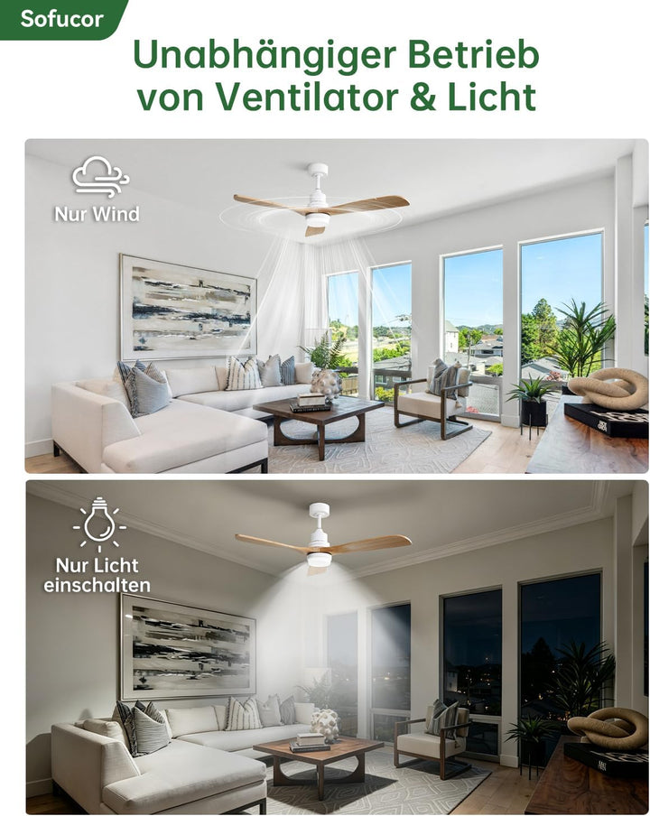 Sofucor Deckenventilator mit Beleuchtung und Fernbedienung, Deckenventilator mit Licht, 3 Holzlüfter