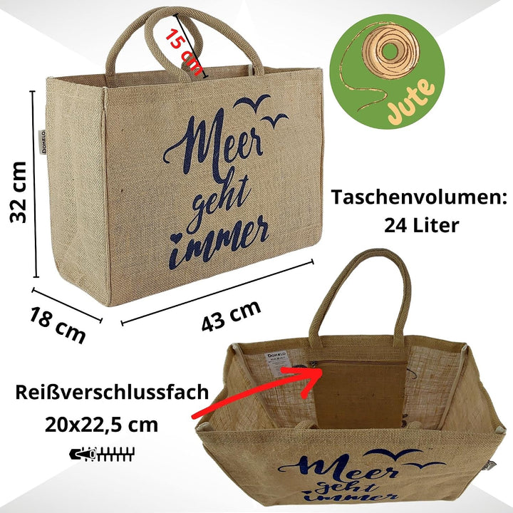Domelo Jutetasche vegane Einkaufstasche gross Einkaufskörbe bedruckt beige | Leichte Tragetasche 24L