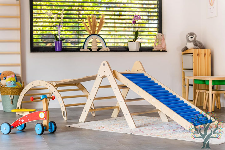 WoodsCraft 4in1 Set: Kletterdreieck mit Rutsche Indoor/Klettern Rampe, Rollenrutsche & Kletterbogen