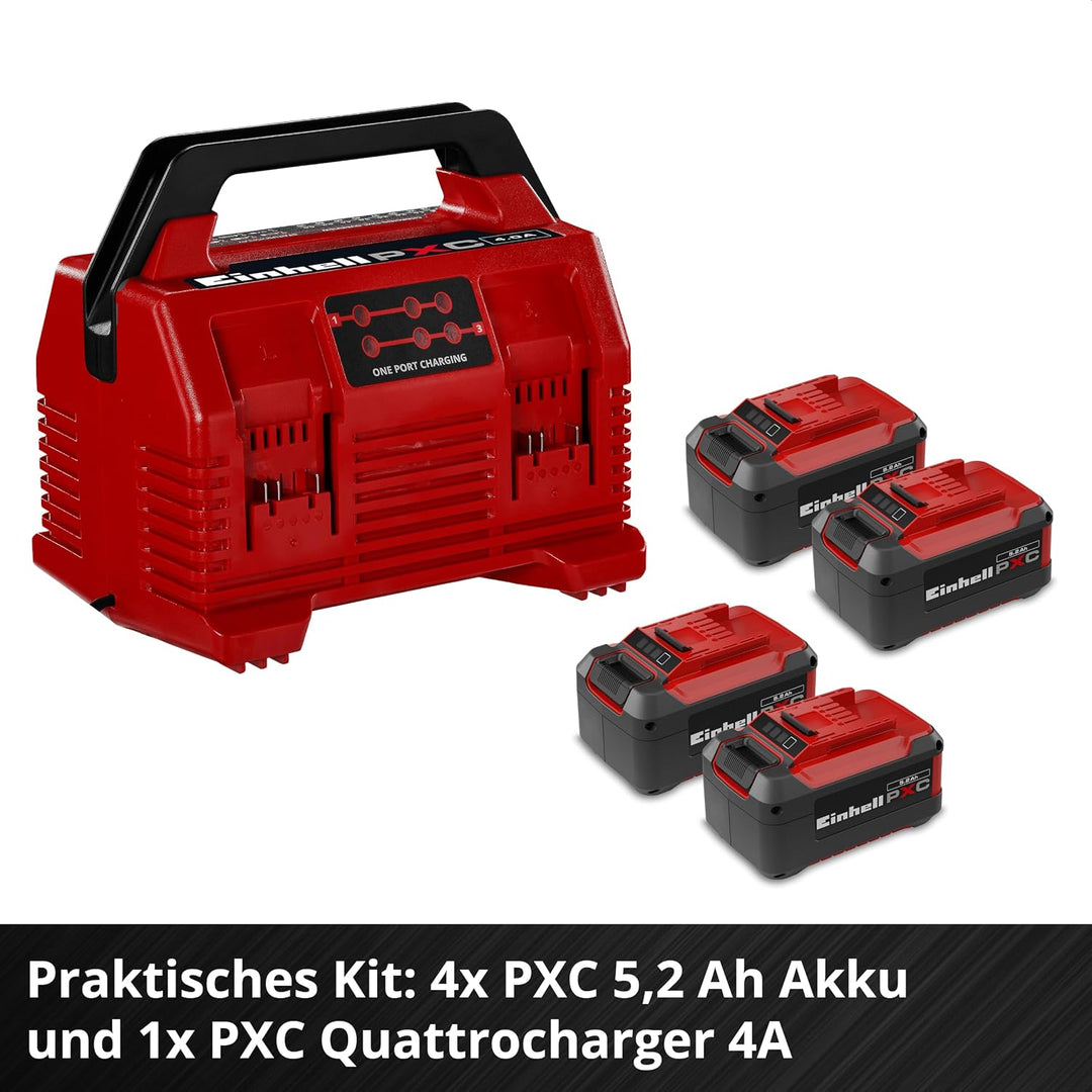Original Einhell Kit PXC 4X 5,2 Ah & Quattrocharger 4 A | PXC | 18 V | 1260 W | 4x 5,2 Ah Akku | 4-A