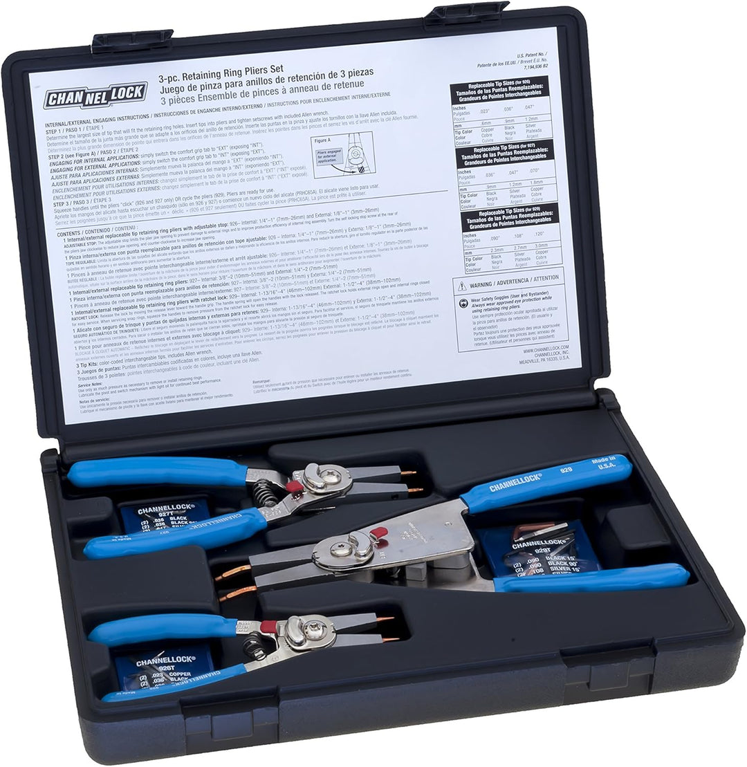 Channellock RT-3 Cabrio Sicherungsringzangen-Set, 3-teilig, blau 3 Piece Set Sprengringzange, 3 Piec